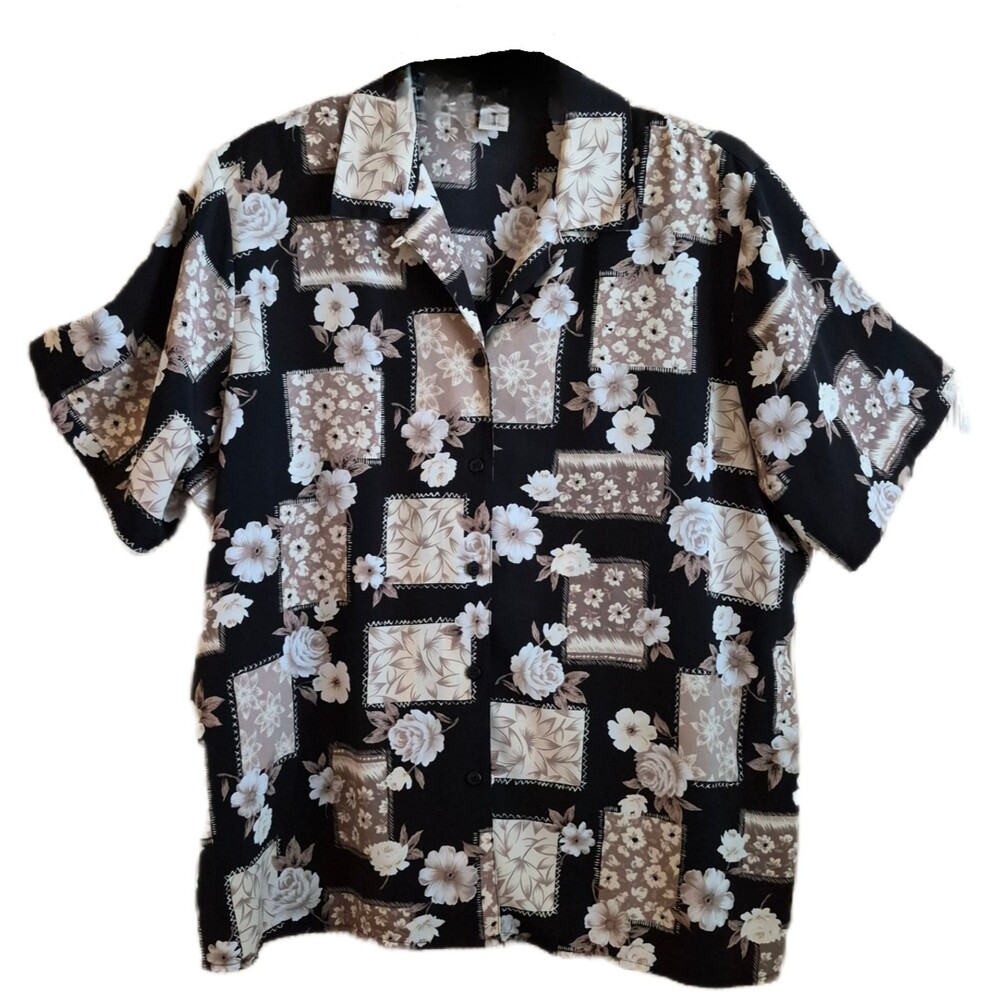Notations Women's Blouse Size 2X Black Tan Floral Aloha Hawaiian Button-Up EUC